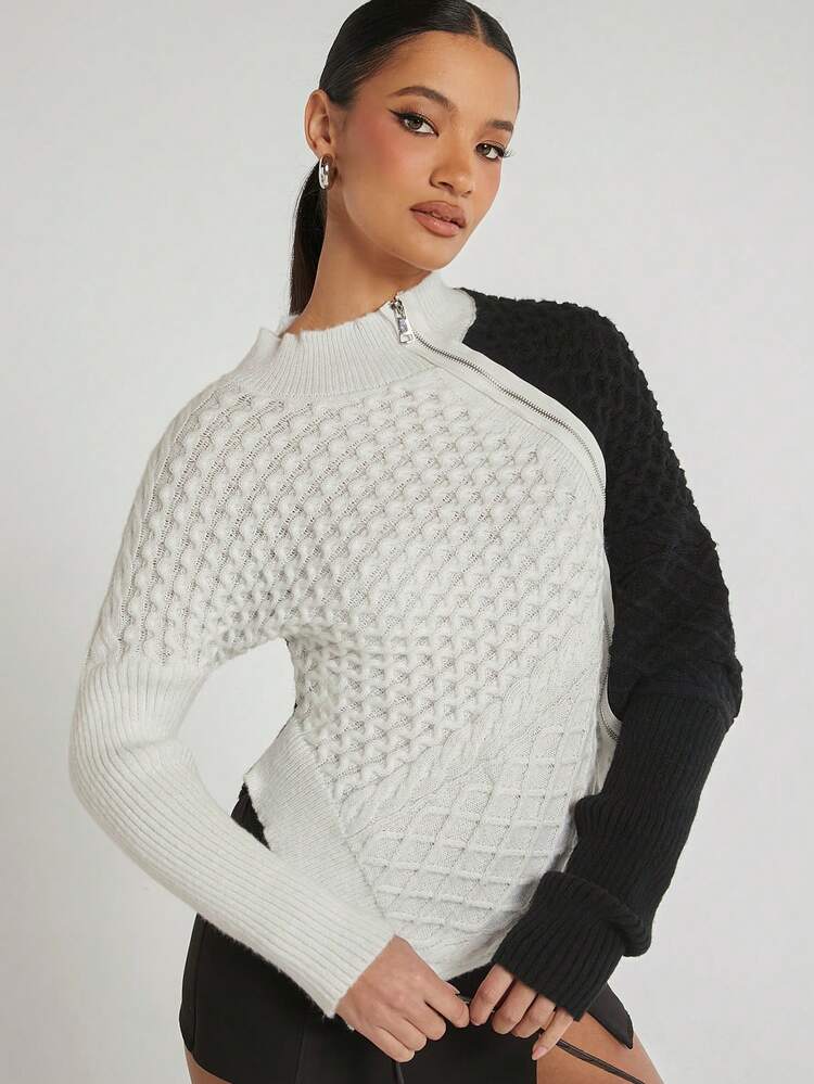 Colorblock Zipper Asymmetric Sweater