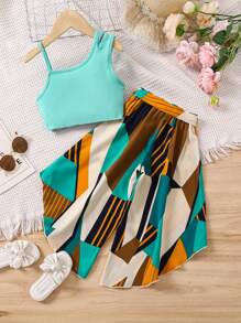 SHEIN Young Girl Set Of Ribbed Tank Top And Geometric Print Skirt