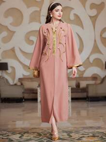Al Najma Long Sleeve Color Block Dress With Rhinestone Decoration - Pink - View 6