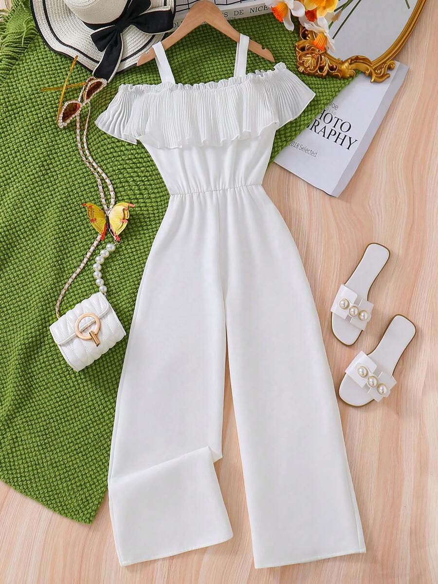 SHEIN Tween Girls' White Cami Jumpsuit For Summer Vacation - White - View 1