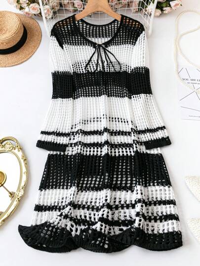 SHEIN LUNE 女款大尺碼拼色鏤空針織毛衣洋裝