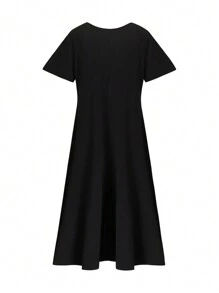 SHEIN LUNE 大尺碼圓領格紋拼接裙 - 黑色 - 查看 2