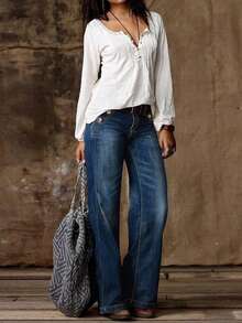 女式直筒牛仔裤，女式口袋自然直筒长款深色洗水宽松常规版型女式牛仔裤，春季/秋季，休闲日常穿着 - 深色水洗藍 - 查看 6