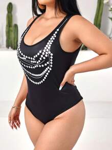 Allurite Pearl Beaded Print Round Neck Bodysuit - Black - View 4