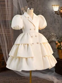 SHEIN 雙排釦泡泡袖中學生女童裙裝,彼得潘領領口和三層中長裙擺 - 杏色 - 查看 3