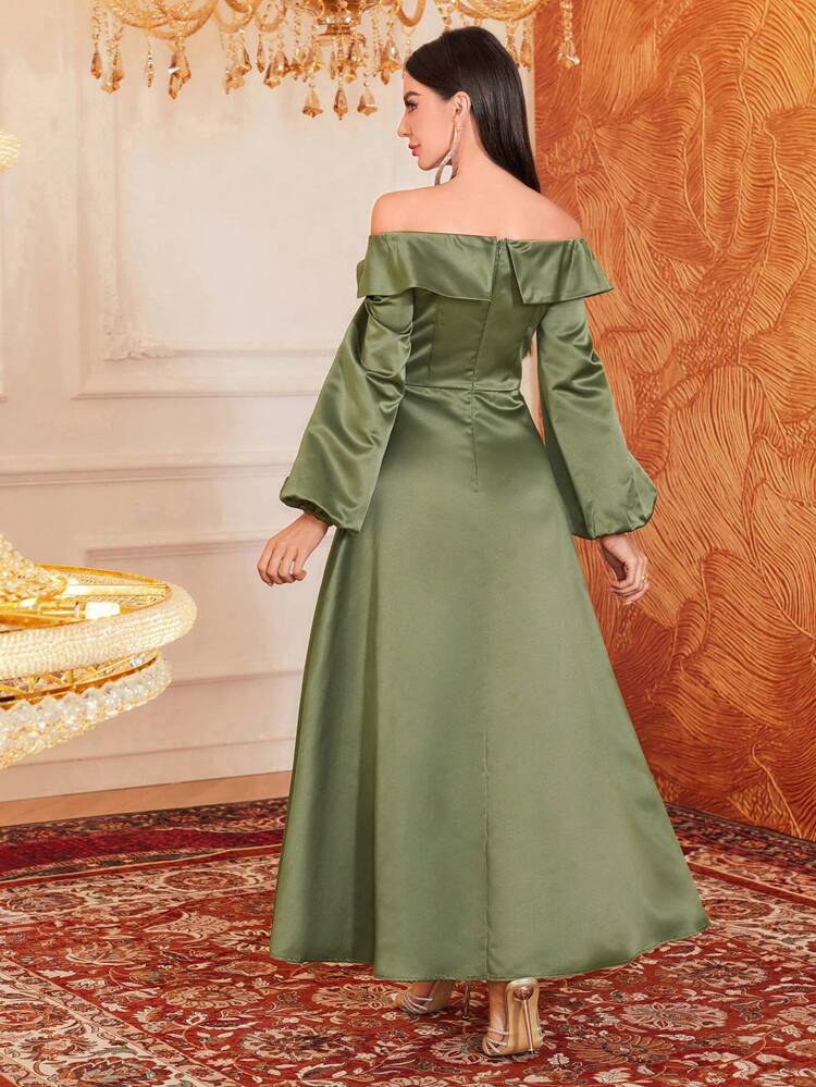 Women's Off-Shoulder Lantern Sleeve Dress With Rhinestones Decoration Long Evening Dresses