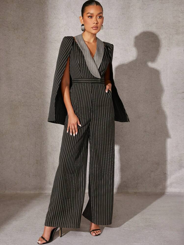 Pinstripe Contrast Cape Jumpsuit