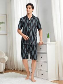 Short Sleeve Color Blocked Top And Shorts Homewear Set With Printed Pattern - Black - View 4