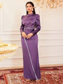 Modelyn 女式阿拉伯泡泡袖立领刺绣带素净长袖连衣裙长款晚礼服 - 紫色 - 查看 5