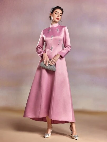 Modelyn Women's Stand Collar Long Sleeve Rhinestone Embellished Arabian Modest Dress, Elegant Evening Party Maxi Modest Dress