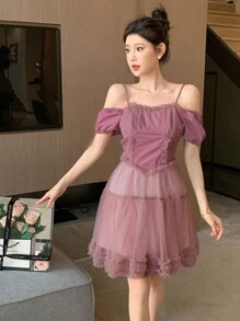 DAZY 女士网纱泡泡袖荷叶边连衣裙，生日舞会礼服，优雅女装 - 紫色 - 查看 3