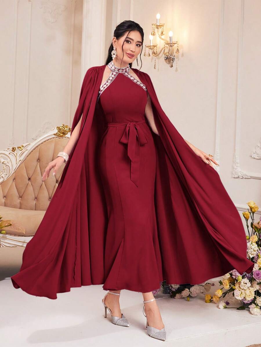 Modelyn 勃艮第红色女士纯色露肩连衣裙和外套 2 件套 2 件套