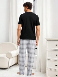 男士純色圓領上衣和格子褲家居服套裝 - 黑色 - 查看 2