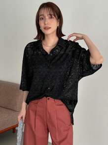 FRIFUL Women's Solid Color Lace Drop Shoulder Loose Shirt Sheer