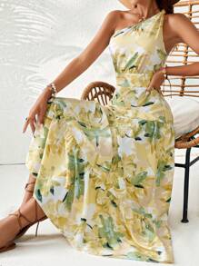 SHEIN VCAY Conjunto De Verano Para Mujer Vestido De Estampado Floral Sin Mangas Y Con Un Solo Hombro, Vestido De Estilo Campestre Para Las Vacaciones De Verano/primavera - Amarillo - Ver 5