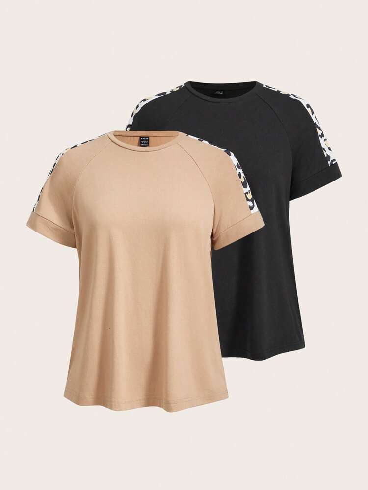 Women's Patchwork Leopard Print Round Neck Raglan Short-Sleeved T-Shirt