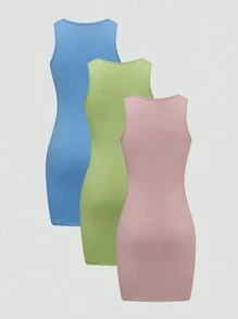 Flirla Conjunto De Vestido De Tres Colores De Estilo De Chaleco De Cuello Redondo Hueco Para Mujeres