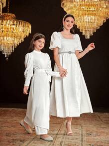 SHEIN Leap Crew Tween Girls Cute Vacation V-Neck Balloon Sleeve One-Piece Jumpsuit - White - View 1