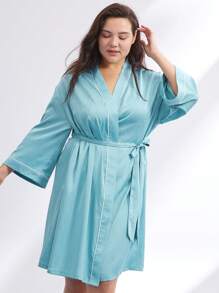 LUVLETTE 女士加大纹理缎纹提花短袍和睡眠面罩 - 綠色 - 查看 2