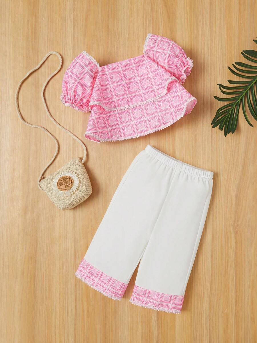 SHEIN Baby Girl Casual Bohemian Style Floral Print Short Sleeve Top And Color-Blocked Long Pants Set For Vacation - Pink - View 1