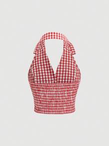 SHEIN MOD Top corto rojo y blanco a cuadros con cuello halter, espalda abierta y hebilla de una sola , perfecto para picnic - Rojo y blanco - Ver 2