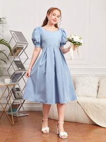 SHEIN Teenager Mädchen Gewebtes Kleid Mit Massiven Farben, Puff-ärmel Und Schleifen Dekoration - Babyblau - Übersicht 2