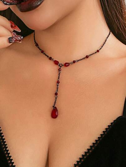 Goth 1pc Women's Vintage Gothic Blood Drop Pendant Necklace, Halloween