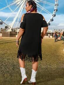 Flirla 大尺碼女士離肩音樂節連衣裙,印有公牛頭紋樣 - 黑色 - 查看 2