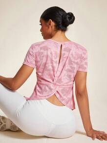 Easithlete 背部扭纹短袖纯色T恤女式健身房运动衫 - 淺粉色 - 查看 3