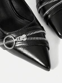 Women's Single High Heeled Shoe With Metallic Zipper, Pointed Toe And Thin Heel In Punk Style - Black - View 9