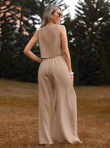 SHEIN VCAY Preparación Para Las Vacaciones Conjunto De 2 Piezas Para Mujer Con Chaleco Con Cordón Y Pantalón Con Dobladillo Dividido - Camel - Ver 2