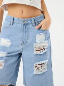 Forever 21 Pantalones Cortos De Mezclilla Desgastados Para Mujer - Celeste - Ver 3