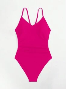 SHEIN Swim 女士實色時尚露背連身泳衣,採用中空設計 - 玫紅色 - 查看 8