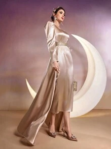 Modelyn Women's Elegant Square Neckline Arabic Style Dress, Elegant Evening Party Dress Long Evening Dresses - Champagne - View 6