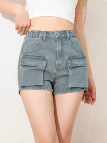Teen Girl's Denim Shorts With Large Cargo Pockets - Medium Wash - View 5