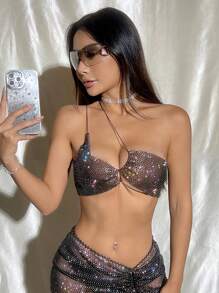 SHEIN Unity Mesh Sequin Cropped Top - Black - View 4