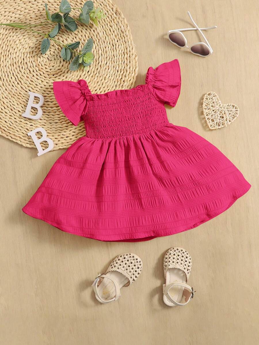 SHEIN 女婴休闲舒适荷叶边领无袖连衣裙 - 玫紅色 - 查看 1