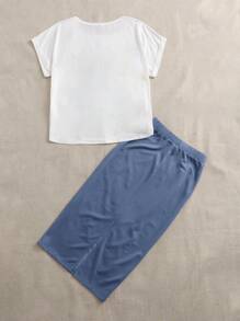 Mulvari Ensemble 2 pièces de t-shirt à col ras du cou et de jupe pour filles avec imprimé à l'arrière
