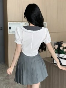 DAZY Ladies' Color Block Collar Puff Sleeve Shirt