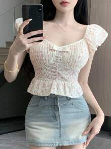 DAZY Women's Off Shoulder Princess Style Striped Ditsy Floral Blouse,Ruffle,Crop Tops Women