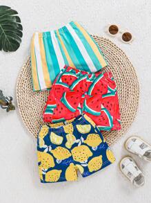 SHEIN Đứa bé trai Và Em bé Cô gái Mùa hè Kỳ nghỉ Phim hoạt hình dễ thương Mẫu Eo đàn hồi Quần short 3 cái/bộ - Nhiều màu - Xem 1