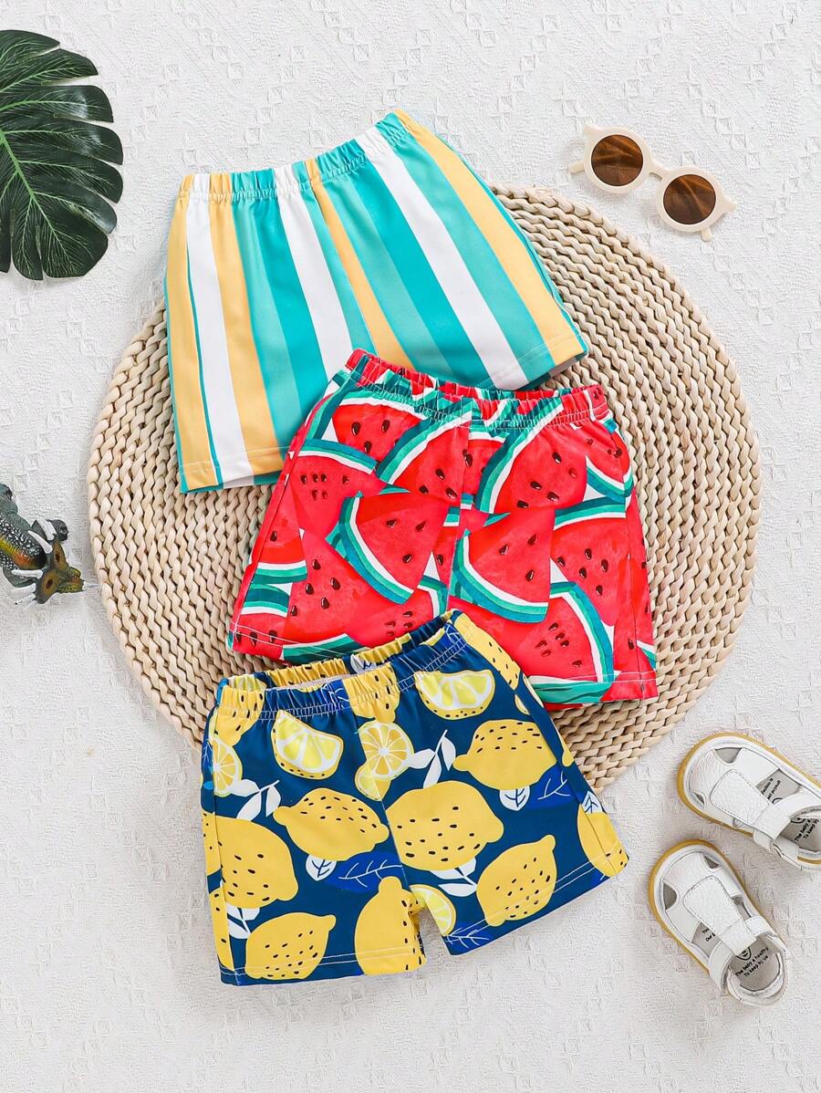 SHEIN Đứa bé trai Và Em bé Cô gái Mùa hè Kỳ nghỉ Phim hoạt hình dễ thương Mẫu Eo đàn hồi Quần short 3 cái/bộ - Nhiều màu - Xem 1