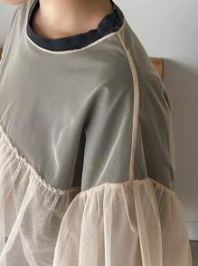 FRIFUL 女式网眼撞色荷叶边下摆长袖透视上衣 - 杏色 - 查看 6