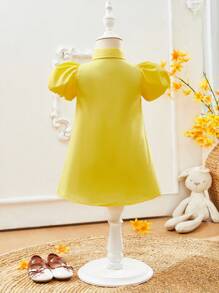 SHEIN 寶寶女孩可愛鳥紋短泡袖襯衫裙 - 黃色 - 查看 2