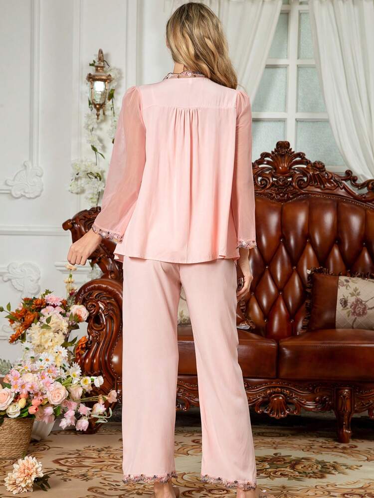 3pcs/Set Women's Colorful Flowers Embroidery Loose Fit Pajama Set