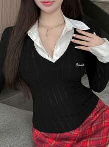 DAZY Contrast Color Splice Shirt Collar, Letter Embroidery, 2 In 1 T-Shirt - Black - View 8