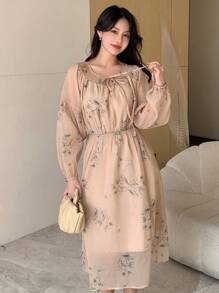 DAZY Women's Plant Print Lantern Sleeve Belted Dress Sundress