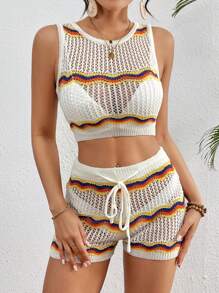 Breezaya Women's Wave Striped Knit Crop Top And Shorts Set With Hollow Out Design, Summer - White - View 5