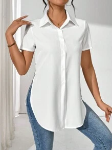 SHEIN LUNE 女士翻领短袖衬衫、短袖上衣