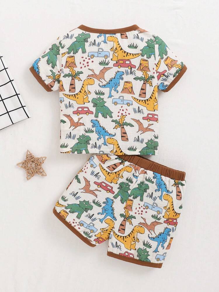 Cute Baby Boy/Girl Casual Color Block Cartoon Printed Short Sleeve Top And Shorts Set